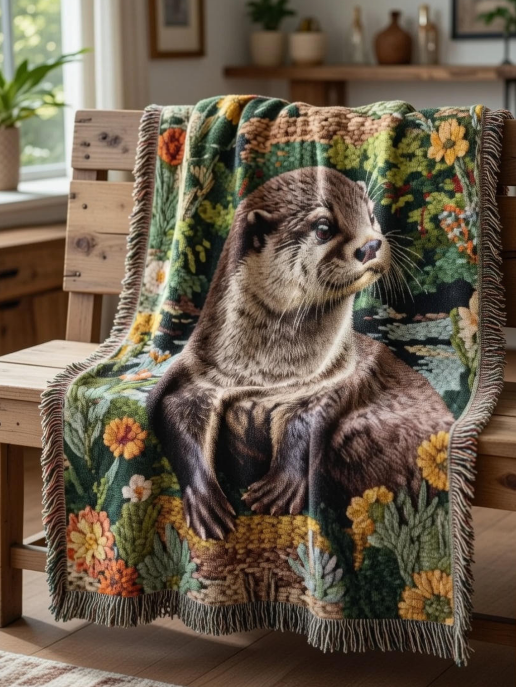 Otter Woven Blanket Botanical Wildlife Art Textile with Fringe