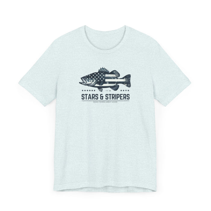 Patriotic Bass Fishing Stars & Stripers Jersey Short Sleeve Tee Soft Cotton Classic Nature Great Gift, Husband Gift, Wife Gift Fishing Shirt