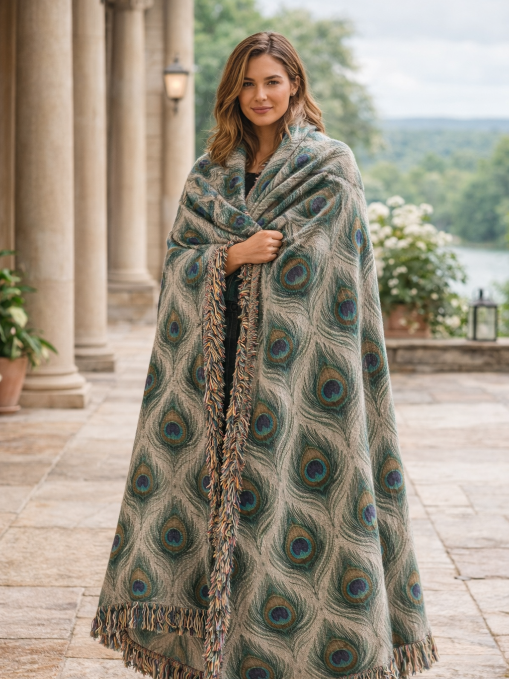 Boho Peacock Feather Woven Blanket Vintage Textile Art Throw