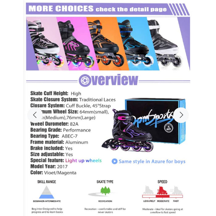 2PM 2pm Sports Vinal Girl's Violet Inline Skates, 8 Wheels Light up and 4 Size Adjustable,SZ 4-7