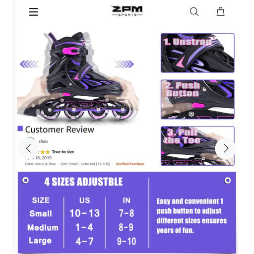 2PM 2pm Sports Vinal Girl's Violet Inline Skates, 8 Wheels Light up and 4 Size Adjustable,SZ 4-7