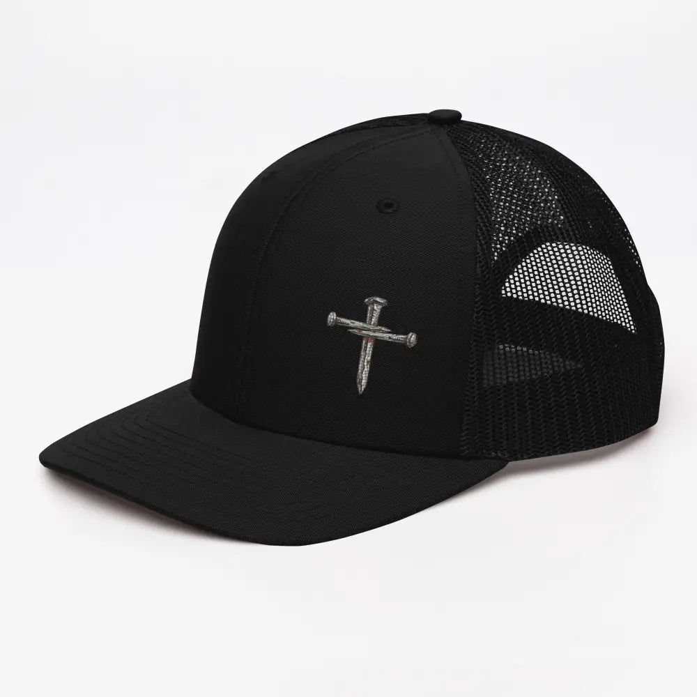Black nail cross trucker hat with silver design, Richardson 112 Christian gift