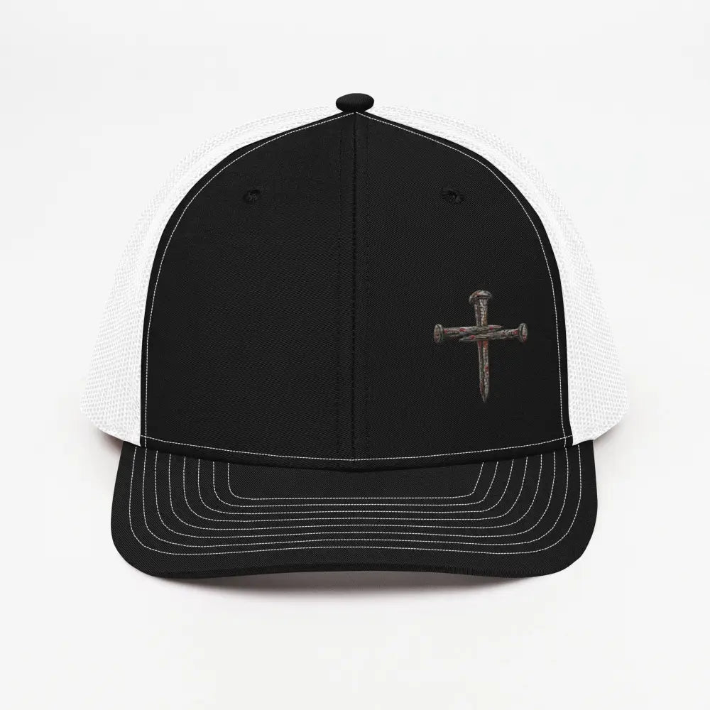 Nail cross embroidered black and white trucker hat, Christian gift