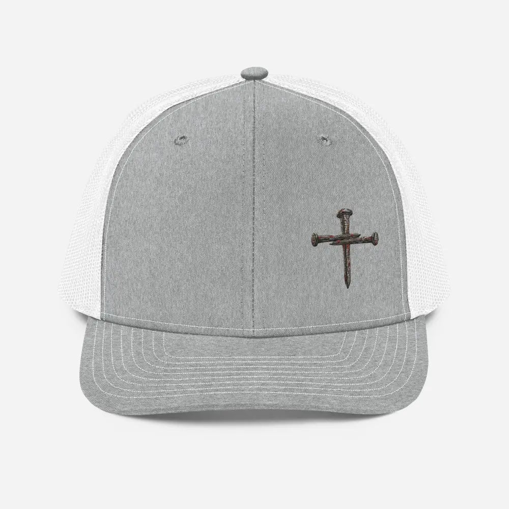Gray and white nail cross embroidered trucker hat, Christian gift