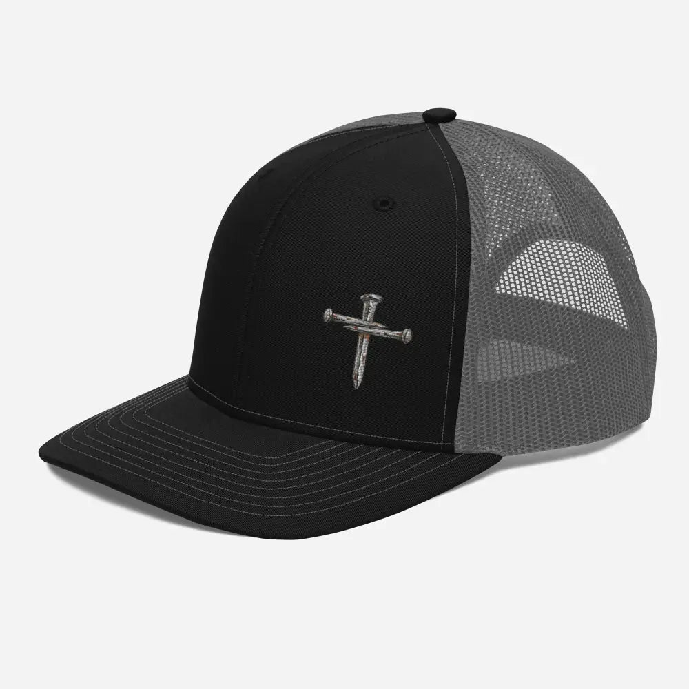 Black and gray trucker hat with silver nail cross design for Christian faith