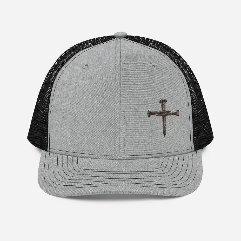 Gray black trucker hat with nail cross embroidered design, Christian gift