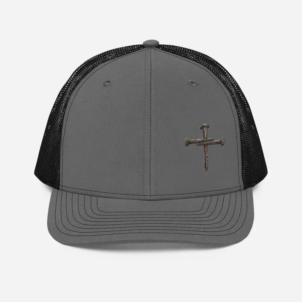 Gray nail cross embroidered trucker hat, Richardson 112 Christian gift