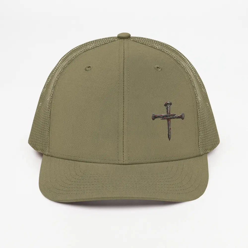 Olive green nail cross embroidered trucker hat, Christian gift