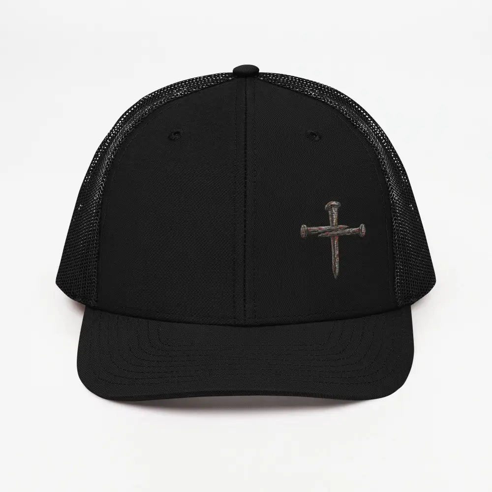 Nail cross embroidered black trucker hat, Richardson 112 Christian gift