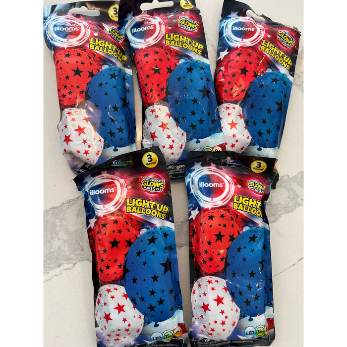 Illooms bundle of 5 packs Patriotic Light Up Balloons 15 Balloons Total