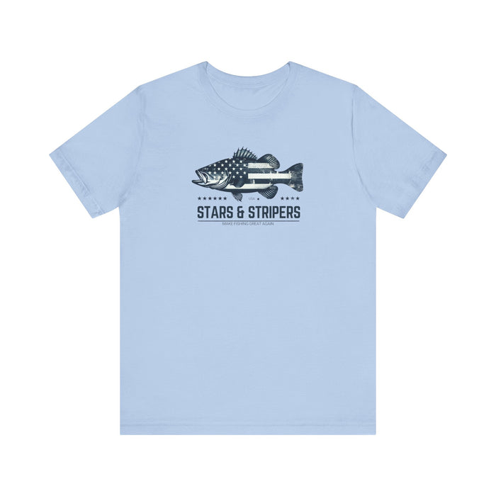 Patriotic Bass Fishing Stars & Stripers Jersey Short Sleeve Tee Soft Cotton Classic Nature Great Gift, Husband Gift, Wife Gift Fishing Shirt