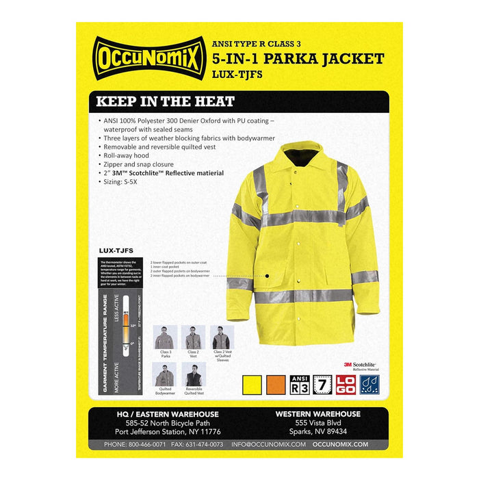 OccuNomix Insulated Safety Jacket - Men's 3XL, ANSI Class 3, Yellow, 36in Length