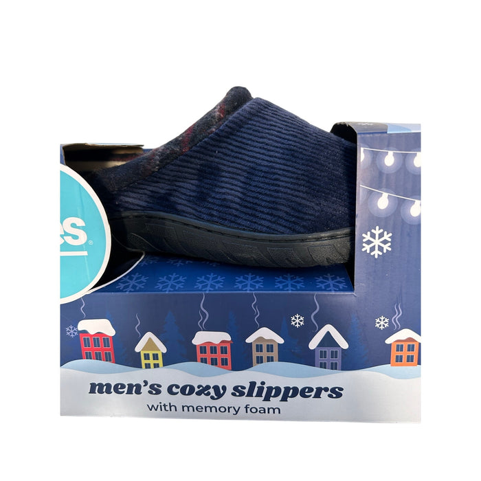 Totes Toasties Men's Memory Foam Slippers - Navy Blue & Plaid - Size MD 8-9 NEW