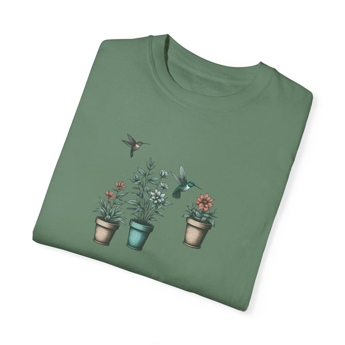 Beautiful Potted Flowers & Hummingbirds - Comfort Colors T-Shirt Nature Lover Bird Tshirt Gardening Tshirt Great Gift Idea Flower Tshirt