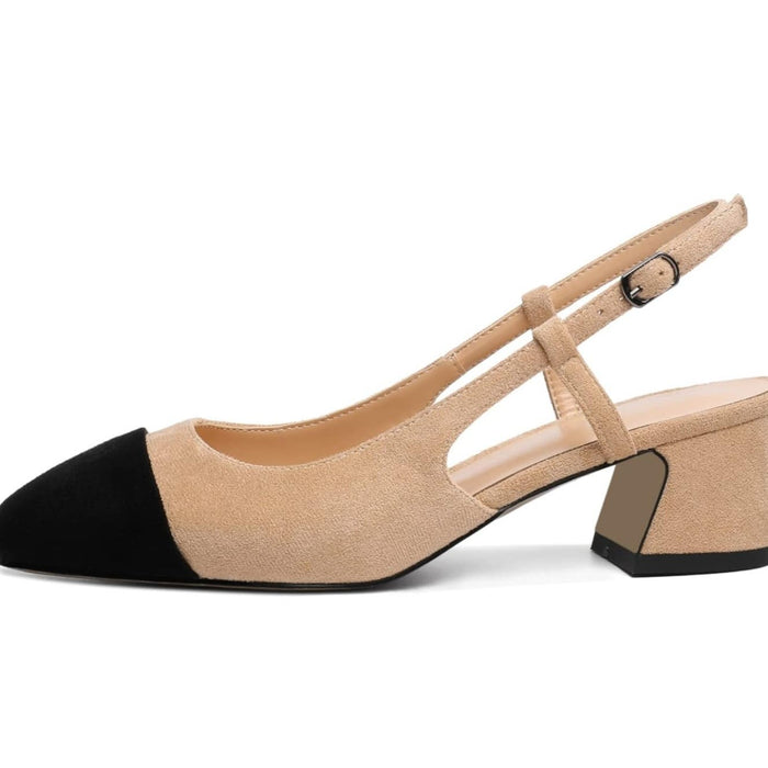 Eldof Women's Slingback Block Heels, Square Ladies, suede Black Beige US8