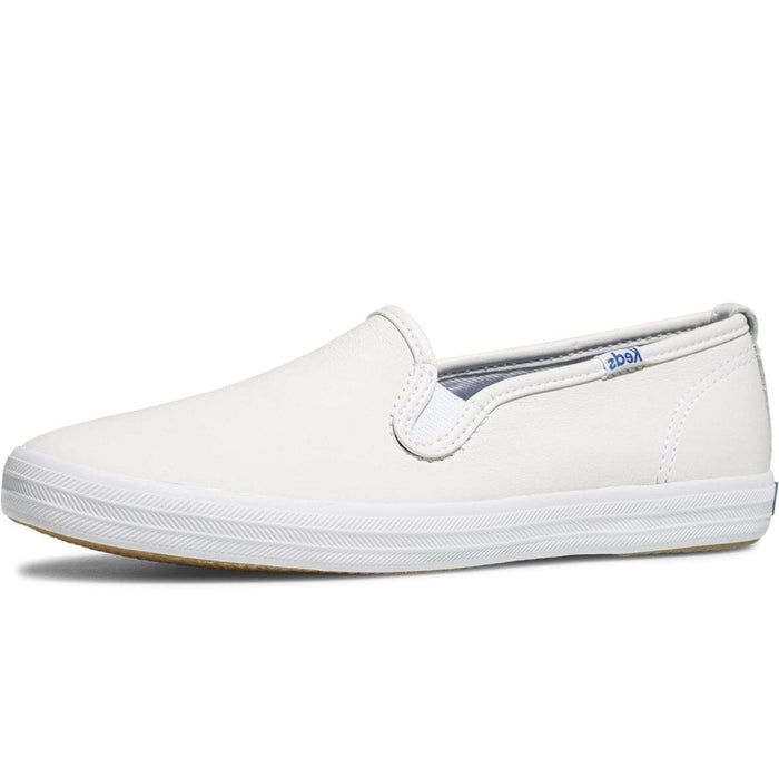 Keds Women's Champion Slip-On Sneaker, White Leather, 9 Wide, Classic Comfort