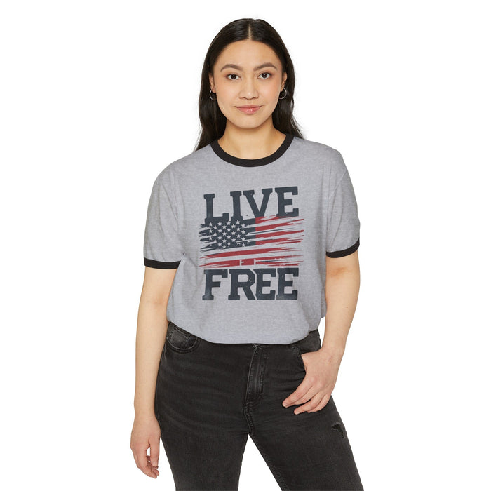 Classic American Flag Ringer Tee - Unisex Style Statement for the Patriotic Soul 4th of July, Memorial Day, Labor Day