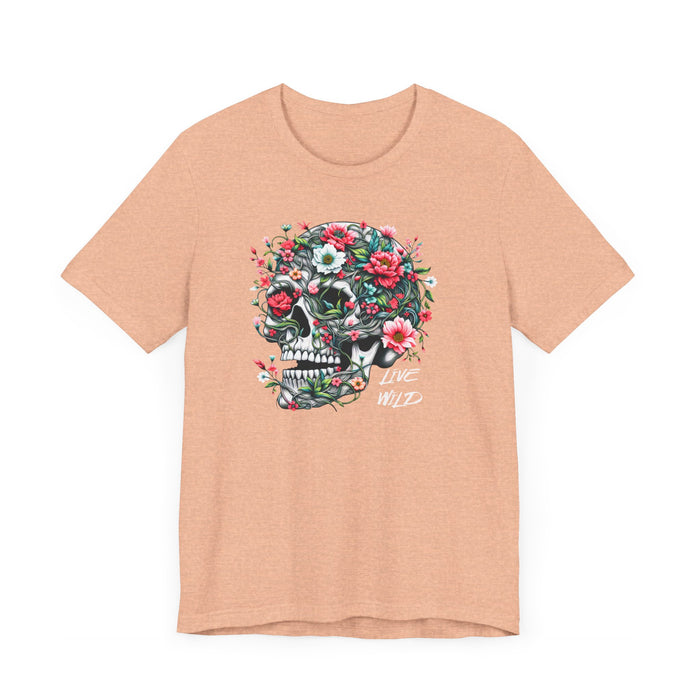 Floral Skull T-Shirt Design - Live Wild Skull with Flowers and Vines Graphic Tee Great Gift, Skateboarder Shirt, Rock and Roll Shirt, Rose