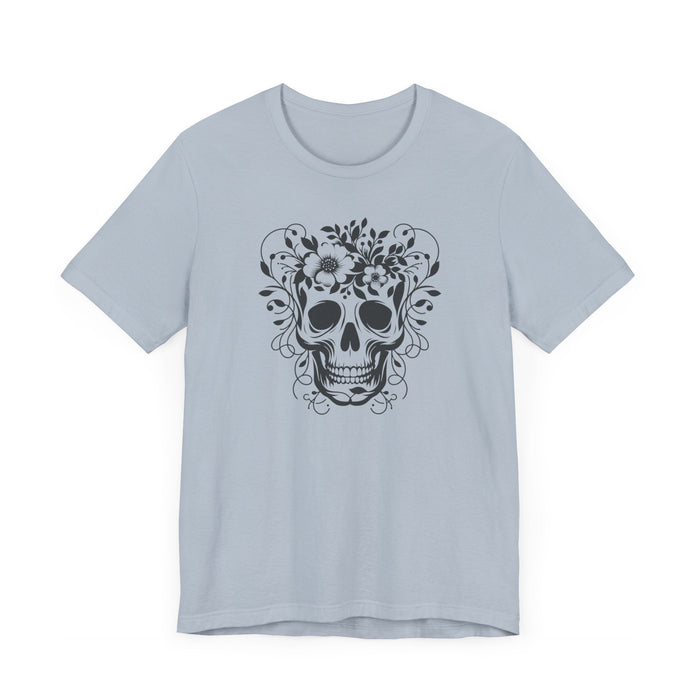 Floral Skull T-Shirt Design - Live Wild Skull with Flowers and Vines Graphic Tee Great Gift, Skateboarder Shirt, Rock and Roll Shirt, Rose