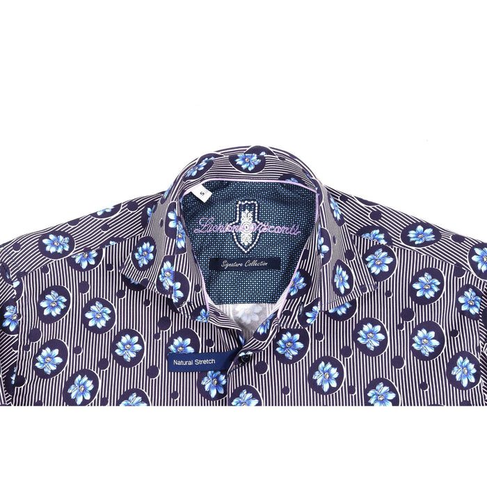 Luchiano Visconti Navy & White Stripes, Royal Blue Floral Shirt, SZ S * men991