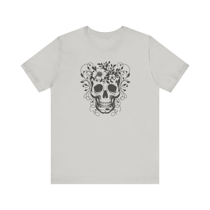 Floral Skull T-Shirt Design - Live Wild Skull with Flowers and Vines Graphic Tee Great Gift, Skateboarder Shirt, Rock and Roll Shirt, Rose