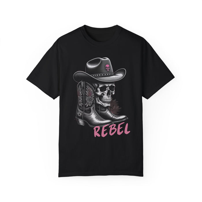 Rebel Tee, Skull Cowboy Boots Rebel Unisex Comfort Colors 1717 Garment-Dyed T-Shirt Womens Tshirt Great Gift Idea Western Rock Band