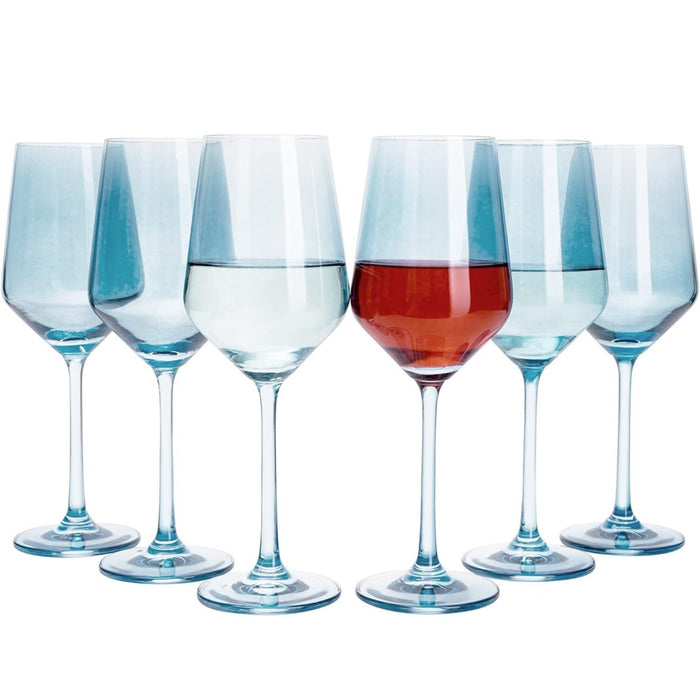 The Wine Savant Blue Wine Glasses Set of 6 - 14 oz Hand-Blown Italian Glassware