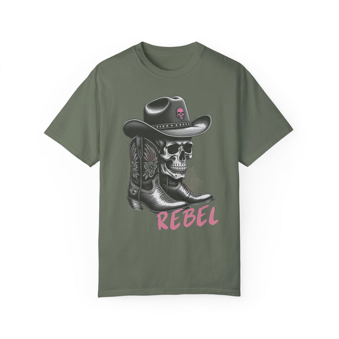 Rebel Tee, Skull Cowboy Boots Rebel Unisex Comfort Colors 1717 Garment-Dyed T-Shirt Womens Tshirt Great Gift Idea Western Rock Band