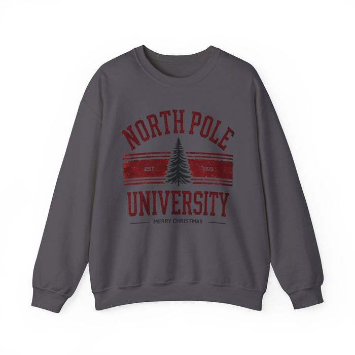 North Pole University Graphic Varsity Merry Christmas Sweatshirt Heavy Blend Crewneck