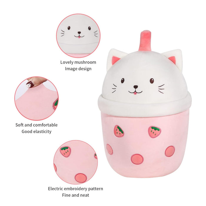 14 Inch Boba Tea Strawberry Cat Plush Pillow - Soft Hugging Toy for Kids & Decor