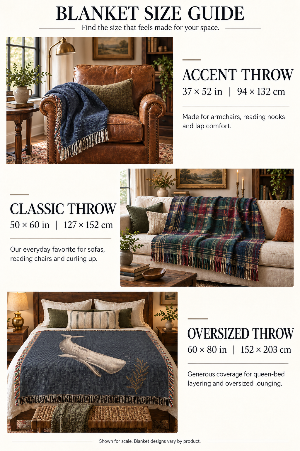 Trini Skies Blanket Size Guide — Accent Throw 37x52in, Classic Throw 50x60in, Oversized Throw 60x80in