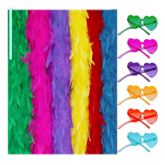 Vibrant Flapper Feather Boas Party Pack with Heart-Shaped Sunglasses 6 Pcs