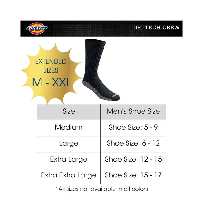 Dickies Men's Dri-tech Moisture Ctrl Boot Length Socks Multipack Black (6 Pairs)