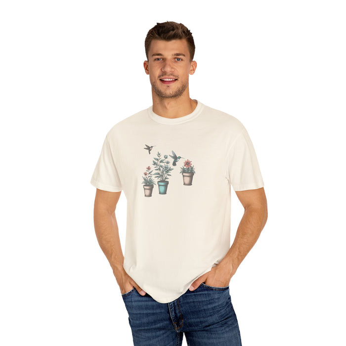 Beautiful Potted Flowers & Hummingbirds - Comfort Colors T-Shirt Nature Lover Bird Tshirt Gardening Tshirt Great Gift Idea Flower Tshirt