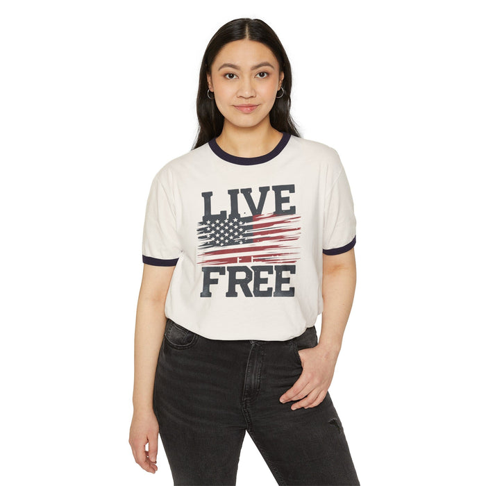 Classic American Flag Ringer Tee - Unisex Style Statement for the Patriotic Soul 4th of July, Memorial Day, Labor Day