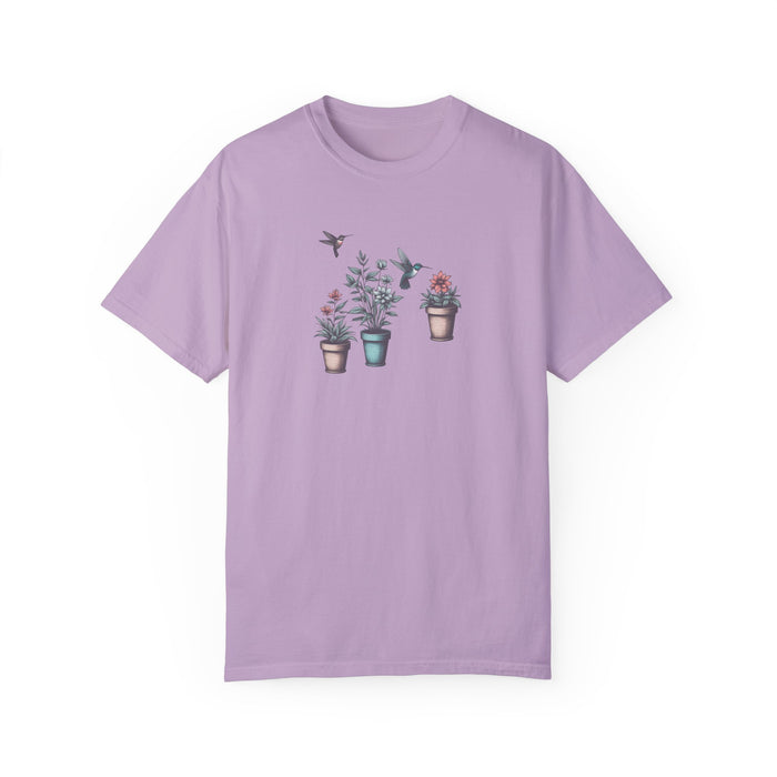 Beautiful Potted Flowers & Hummingbirds - Comfort Colors T-Shirt Nature Lover Bird Tshirt Gardening Tshirt Great Gift Idea Flower Tshirt