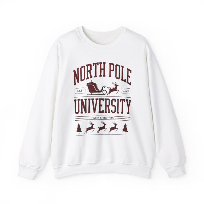 North Pole University Graphic Varsity Merry Christmas Sweatshirt Heavy Blend Crewneck