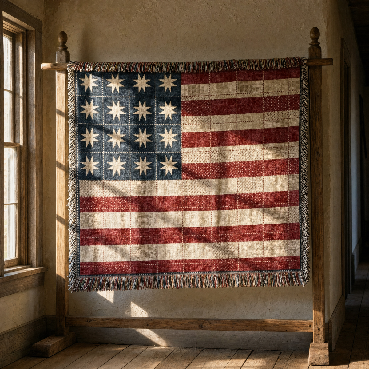 Pieced-quilt American flag woven cotton throw on an antique quilt rack in late-afternoon farmhouse window light