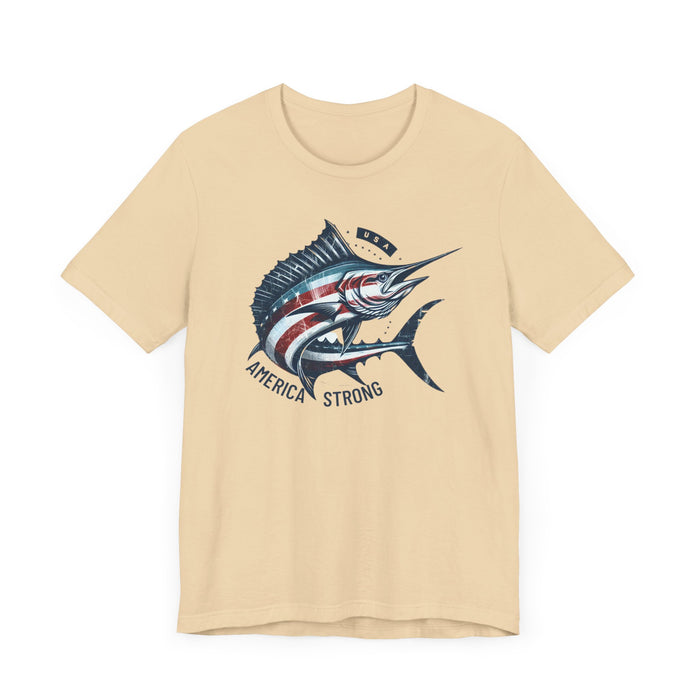 Patriotic Marlin America Strong Unisex Jersey Short Sleeve Tee Soft Cotton Classic Nature Great Gift, Husband Gift, Wife Gift, Fishing Shirt