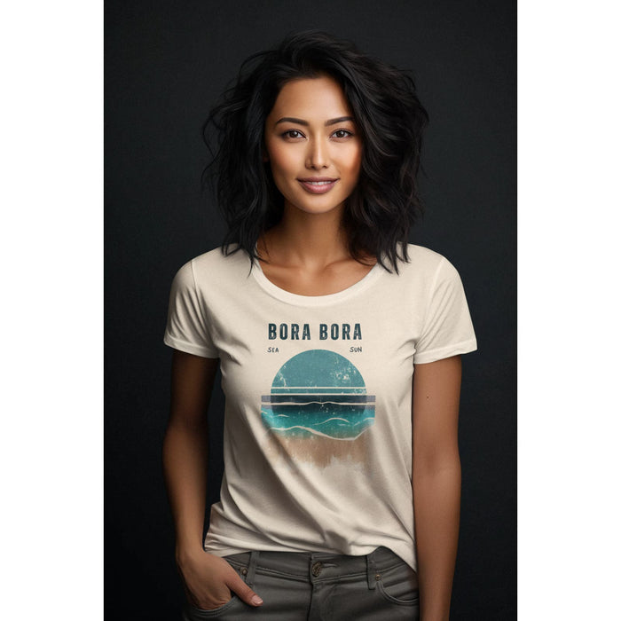 Chic Graphic Tshirt. Trendy Tees. Cool Womens Styles. Bora Bora Magic Sun and Sea Awaits Graphic Short Sleeve Pullover Crewneck Tshirt