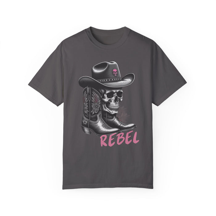 Rebel Tee, Skull Cowboy Boots Rebel Unisex Comfort Colors 1717 Garment-Dyed T-Shirt Womens Tshirt Great Gift Idea Western Rock Band