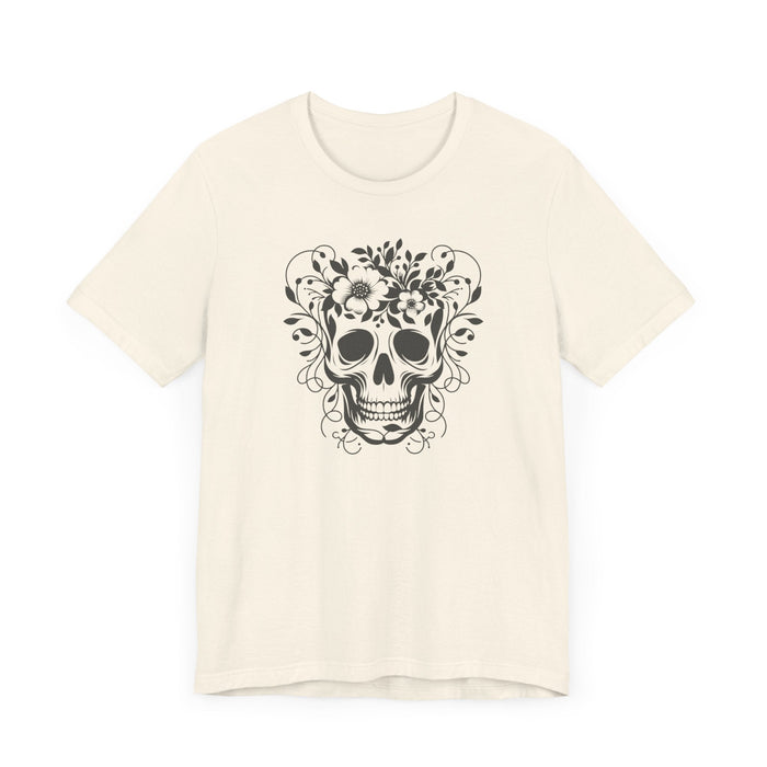 Floral Skull T-Shirt Design - Live Wild Skull with Flowers and Vines Graphic Tee Great Gift, Skateboarder Shirt, Rock and Roll Shirt, Rose