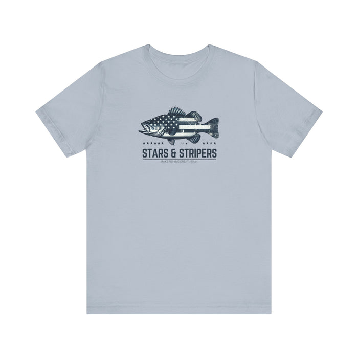 Patriotic Bass Fishing Stars & Stripers Jersey Short Sleeve Tee Soft Cotton Classic Nature Great Gift, Husband Gift, Wife Gift Fishing Shirt