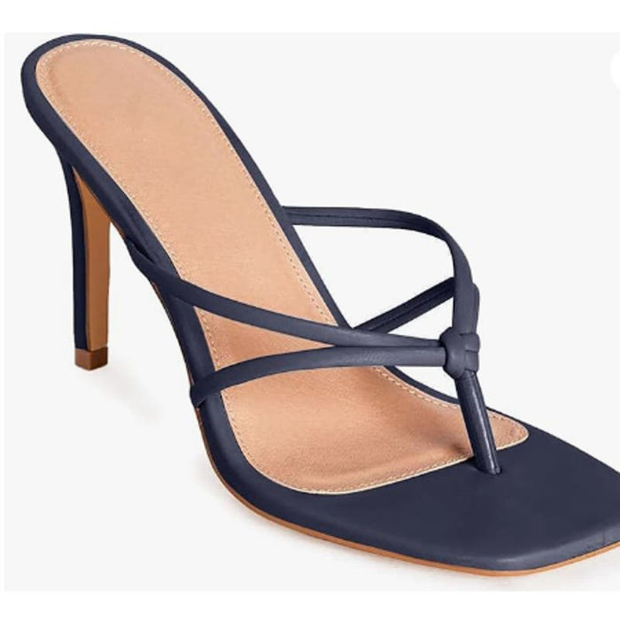 Coutgo Women's Heeled  Square toe Slip-on Stiletto Sandals, Navy, Size 8.5