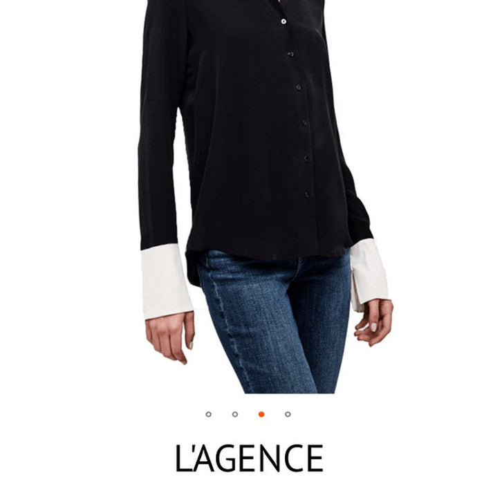 L'AGENCE Mia Silk Fold Over Blouse * Black/Ivory, Size XS MSRP $491 WOM807