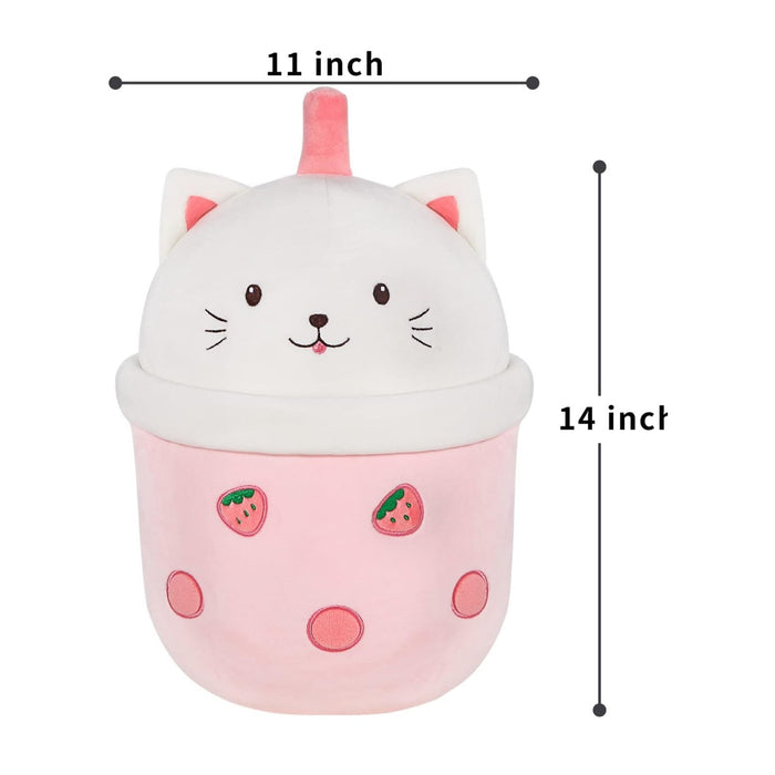 14 Inch Boba Tea Strawberry Cat Plush Pillow - Soft Hugging Toy for Kids & Decor