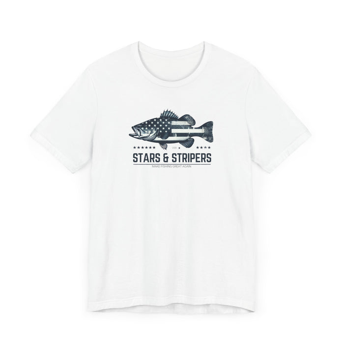 Patriotic Bass Fishing Stars & Stripers Jersey Short Sleeve Tee Soft Cotton Classic Nature Great Gift, Husband Gift, Wife Gift Fishing Shirt