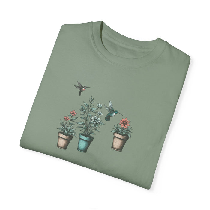 Beautiful Potted Flowers & Hummingbirds - Comfort Colors T-Shirt Nature Lover Bird Tshirt Gardening Tshirt Great Gift Idea Flower Tshirt