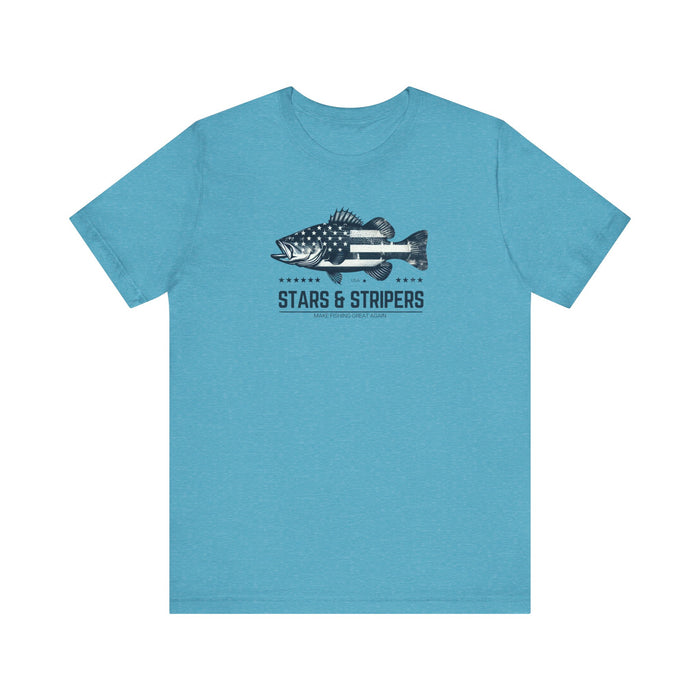 Patriotic Bass Fishing Stars & Stripers Jersey Short Sleeve Tee Soft Cotton Classic Nature Great Gift, Husband Gift, Wife Gift Fishing Shirt