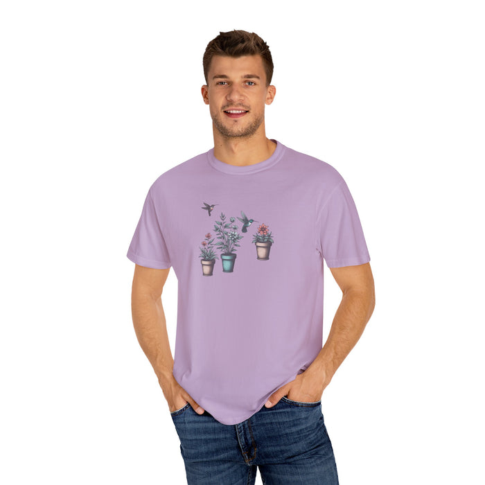 Beautiful Potted Flowers & Hummingbirds - Comfort Colors T-Shirt Nature Lover Bird Tshirt Gardening Tshirt Great Gift Idea Flower Tshirt